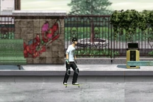 Muž na skateboarde jazdí po mestskom prostredí s graffiti a lavičkami v pozadí