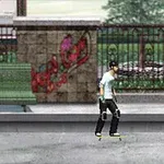 Muž na skateboarde jazdí po mestskom prostredí s graffiti a lavičkami v pozadí