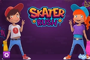 Dvaja kreslení postavy v klobúkoch a skateboards na tmavom pozadí s nápisom Skater Rush