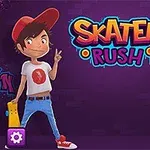 Dvaja kreslení postavy v klobúkoch a skateboards na tmavom pozadí s nápisom Skater Rush