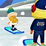 Dvaja animovaní postavičky na snowboardoch, jedna oblečená v zimnej bunde a čiapke, druhá v slúchadlách a oblečení s nápisom DANGER STOP