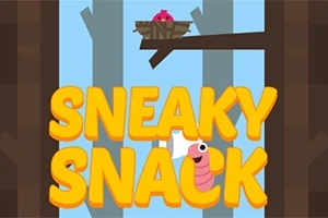 Žlté písmená s nápisom Sneaky Snack pred stromami s vtákom v hniezde a červíkom nižšie
