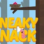 Žlté písmená s nápisom Sneaky Snack pred stromami s vtákom v hniezde a červíkom nižšie