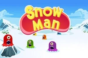 Farebná krajina s roztomilými príšerkami na zasneženom poli s nápisom „Snow Man“ v strede