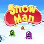 Farebná krajina s roztomilými príšerkami na zasneženom poli s nápisom „Snow Man“ v strede