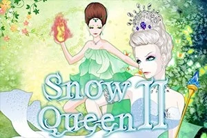 Dve ženy v elegantných šatách s korunkami, jedna držiaca ohnivú guľu, na pozadí zelene, s nápisom Snow Queen II