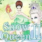 Dve ženy v elegantných šatách s korunkami, jedna držiaca ohnivú guľu, na pozadí zelene, s nápisom Snow Queen II