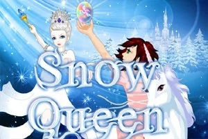 Dve postavy vo fantastických odevoch, jedna s čarovnou palicou a druhá s krištáľovou guľou, stoja pred zasneženým hradom a bielym koňom, s nápisom Snow Queen