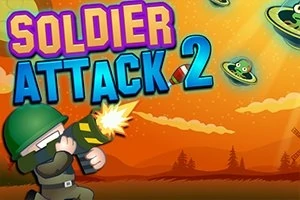 Vojak s prilbou strieľa svetelnú zbraň na lietajúce taniere na oranžovom pozadí s nápisom Soldier Attack 2
