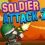 Vojak s prilbou strieľa svetelnú zbraň na lietajúce taniere na oranžovom pozadí s nápisom Soldier Attack 2