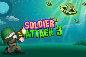Animovaný vojak strieľa na lietajúce taniere s mimozemšťanmi v nočnej krajine s textom Soldier Attack 3