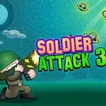Animovaný vojak strieľa na lietajúce taniere s mimozemšťanmi v nočnej krajine s textom Soldier Attack 3