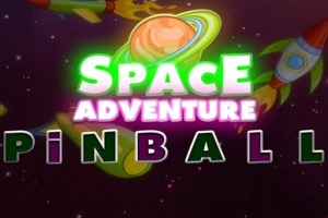 Text Space Adventure Pinball na farebnom pozadí s planétou a raketami