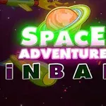 Text Space Adventure Pinball na farebnom pozadí s planétou a raketami