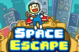 Astronaut v prilbe stojí na zlatom robotovi pred mestským pozadím s veľkými nápisom Space Escape