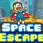 Astronaut v prilbe stojí na zlatom robotovi pred mestským pozadím s veľkými nápisom Space Escape
