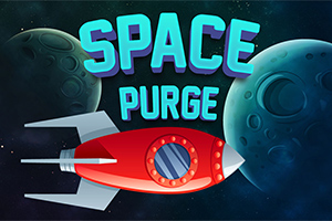 Červená raketa s modrým oknom letí popri planétach na tmavom vesmírnom pozadí s textom SPACE PURGE nad ňou