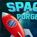 Červená raketa s modrým oknom letí popri planétach na tmavom vesmírnom pozadí s textom SPACE PURGE nad ňou
