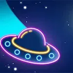 Farebná neonová grafika zachytávajúca lietajúci tanier, asteroid a hviezdu v vesmírnom prostredí