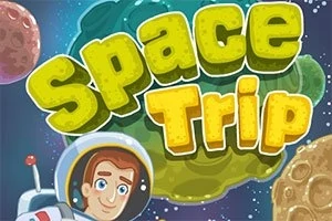 Astronaut s úsmevom pláva vo vesmíre medzi farebnými planétami a veľkým nápisom