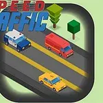 Tri autá rôznych farieb na ceste obklopenej stromami, s nápisom Speed Traffic hore