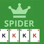 Štyri karty s obrázkom kráľa na zelenom pozadí pod korunou a nápisom SPIDER