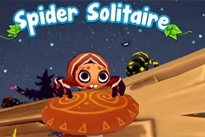 Rozkošný pavúk s veľkými očami držiaci oranžový štít na nočnej oblohe s nápisom Spider Solitaire