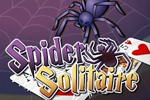 Pavúk a názov Spider Solitaire na pozadí s hracími kartami