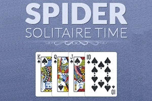 Nápis Spider Solitaire Time a štyri hracie karty srdcovej farby: kráľ, dáma, dolník a desiatka