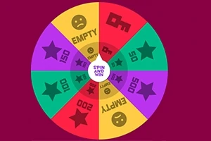 Farebný otočný kolesový diagram so symbolmi hviezd, kľúčov a emotikonov s nápisom Spin and Win v strede