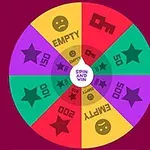Farebný otočný kolesový diagram so symbolmi hviezd, kľúčov a emotikonov s nápisom Spin and Win v strede