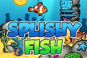 Podmorská scéna s pixelovou grafikou zobrazuje klauna, koraly, hviezdicu a nápis Splishy Fish
