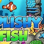 Podmorská scéna s pixelovou grafikou zobrazuje klauna, koraly, hviezdicu a nápis Splishy Fish