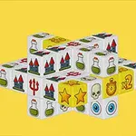 Biele kocky s rôznymi ikonami ako hviezdy, lebky, elixíry a hrady na žltom pozadí