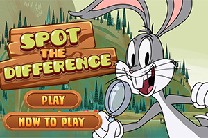 Kreslená postavička s lupou na pozadí lesa a drevené tabuľky s nápisom Spot the Difference a tlačidlami Play a How to Play