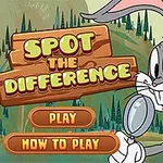 Kreslená postavička s lupou na pozadí lesa a drevené tabuľky s nápisom Spot the Difference a tlačidlami Play a How to Play