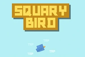 Nadpis SQUARY BIRD v hnedých písmenách a pod ním v spodnej časti modrý štvorcový vtáčik na modrom pozadí s nápismi TAP