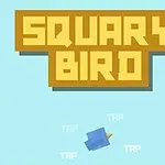 Nadpis SQUARY BIRD v hnedých písmenách a pod ním v spodnej časti modrý štvorcový vtáčik na modrom pozadí s nápismi TAP