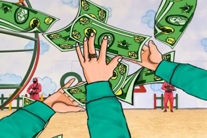 Osoby v zelených oblekoch chytajúce padajúce zelené bankovky na detskom ihrisku s mužmi v červených oblekoch v pozadí