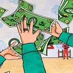 Osoby v zelených oblekoch chytajúce padajúce zelené bankovky na detskom ihrisku s mužmi v červených oblekoch v pozadí