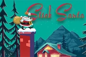 Santa Claus stojí na komíne s vrecom na chrbte, s domom a horami v pozadí