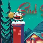 Santa Claus stojí na komíne s vrecom na chrbte, s domom a horami v pozadí