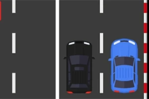 Čierne a modré auto vedľa seba na dvojprúdovej ceste s bielymi čiarami a okrajom s červenobielymi pruhmi