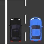 Čierne a modré auto vedľa seba na dvojprúdovej ceste s bielymi čiarami a okrajom s červenobielymi pruhmi