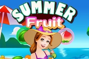 Žena v klobúku drží drink pri pláži s nápisom Summer Fruit a ovocím na pozadí