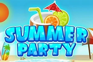 Nápis Summer Party na pláži s tropickým kokteilom, pomarančom, limetkou a slnečníkom v pozadí