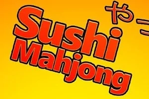 Nápis Sushi Mahjong na žltom pozadí s japonskými znakmi