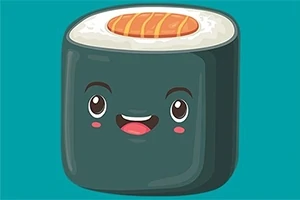 Kreslený obrázok rolky sushi s veselou tvárou na tyrkysovom pozadí