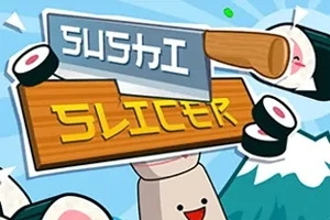 Ilustrácia s drevenou ceduľou, nápisom Sushi Slicer, a usmiatymi kúskami sushi padajúcimi okolo