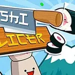 Ilustrácia s drevenou ceduľou, nápisom Sushi Slicer, a usmiatymi kúskami sushi padajúcimi okolo